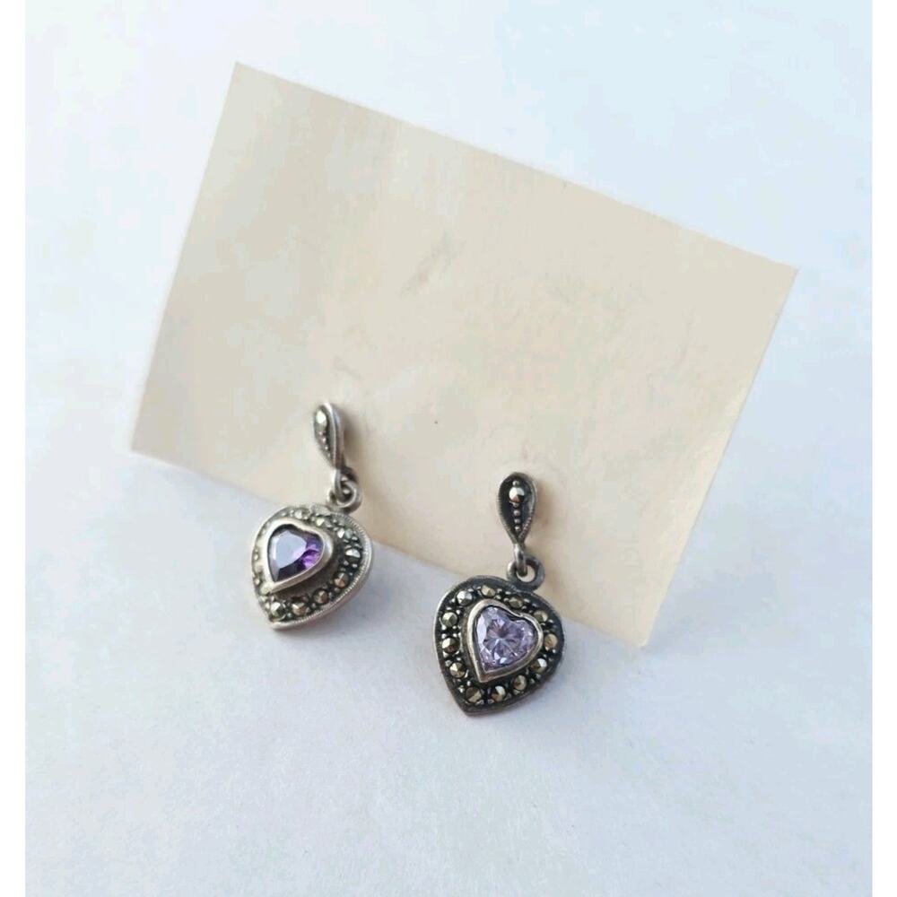 Vintage Sterling Silver 925 Marcasite Amethyst Heart Post Earrings Signed MO